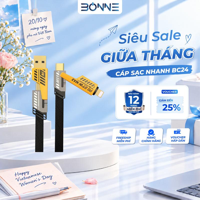 Cáp sạc nhanh Bonne TECHNOLOGIQUE BC24, cáp sạc nhanh điện thoại 4 in 1 by Bonne Technologique, sạc chống gẫy chính hãng bảo hành 12 tháng[phụ kiện, [phụ kiện, sạc điện thoại], phone, kem, sạc điện thoại]