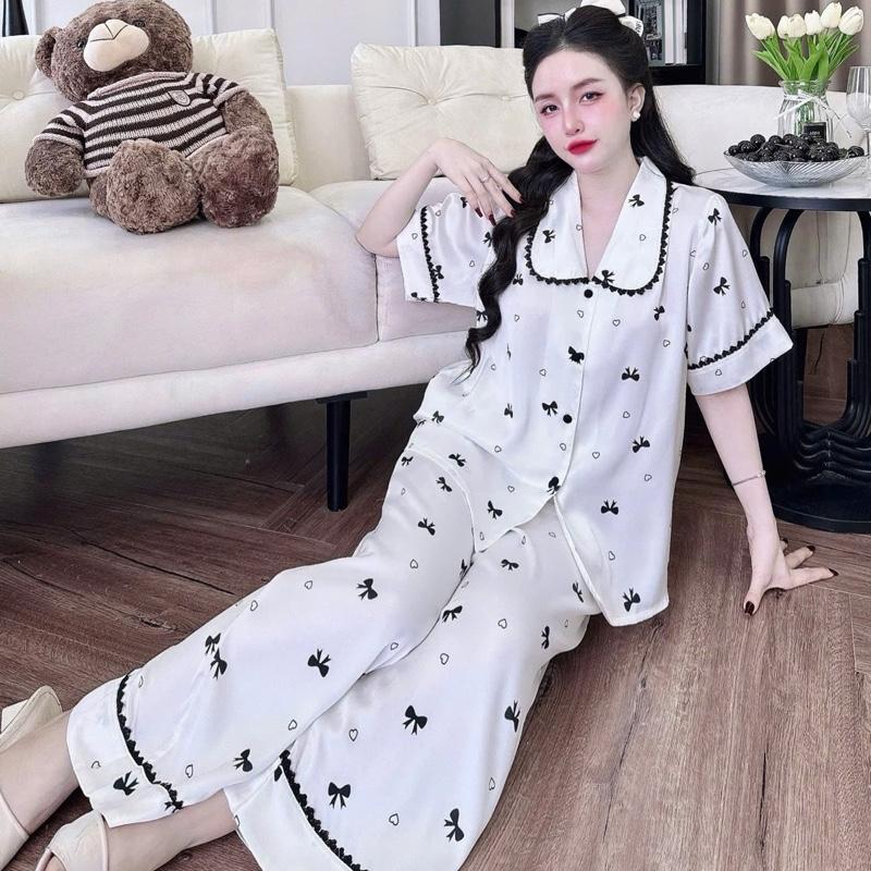 Bộ Pijama Cổ Sen Lụa Latin Tay Ngắn Quần Dài Freesize 40-65kg
