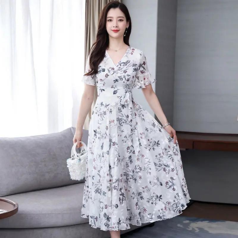 Chân Váy Dài Trung Bình Thiết Kế Hoa, Phong Cách Mới Mùa Hè Cho Nữ, Với Tay Áo Loe, Váy Siêu Thanh Lịch, Ngoại Cỡ, Chân Váy Thắt Lưng Dài, Thời Trang Women Dress Voan Khuy 7