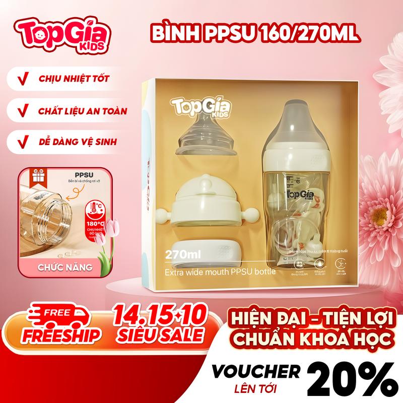 (BEST SELLER) Bình Sữa Cao Cấp PPSU TOPGIAKIDS Đa Năng Cho Bé, Dung Tích 160ml/270ml, Tặng Kèm Núm Thay Thế Và Ống Hút Cho Bé Tập Uống Nước (TB)