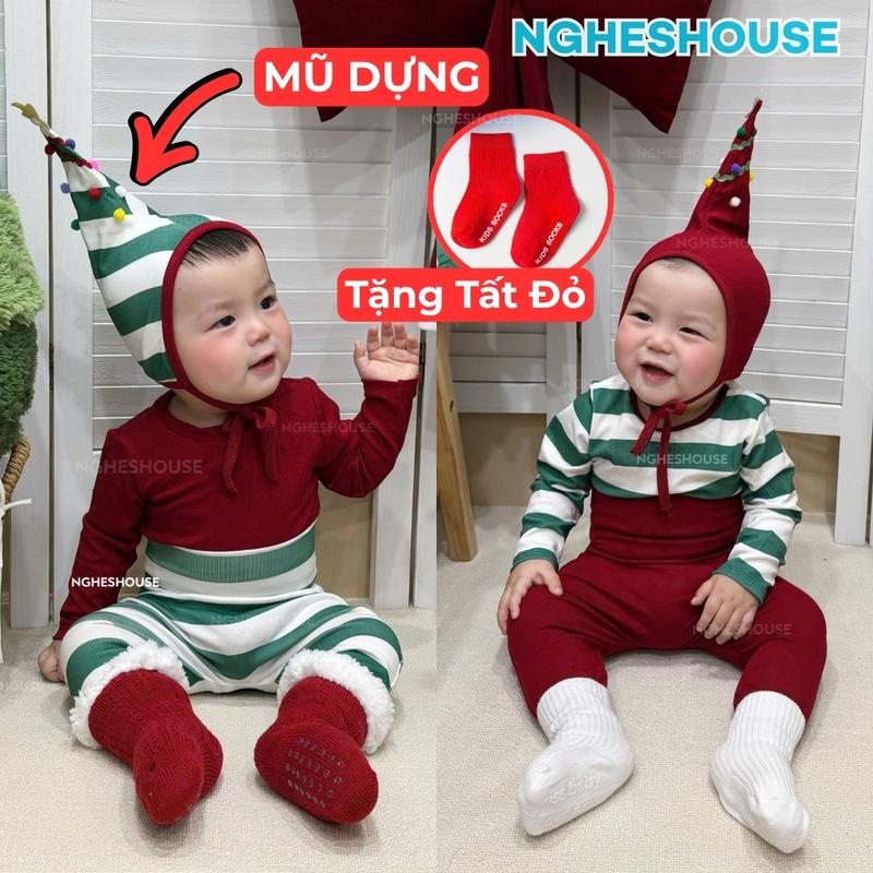TẶNG TẤT Set Body Suit Noel Dài Tay Kèm Mũ Chất Cotton Dành Cho Bé Trai Bé Gái NghesHouse NO10