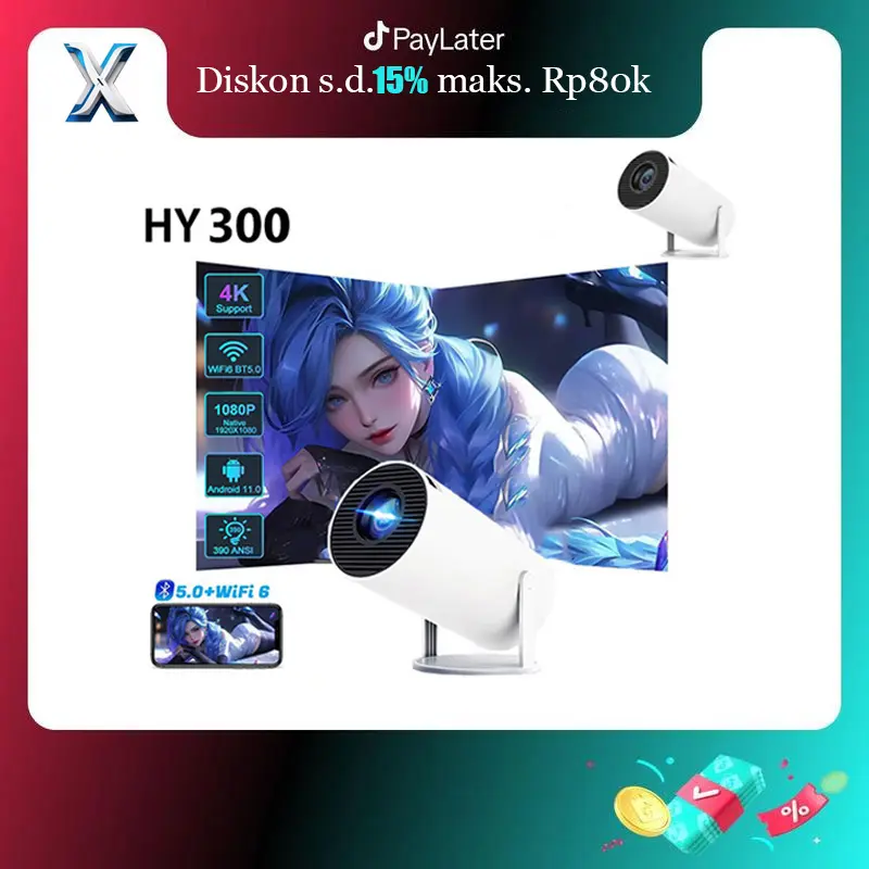 Smart Proyektor HY300 Plus RAM 2/16Gb Android 11.0 Bluetooth 4K 2.4+5G Wifi 6.0 Outdoor Home Theater TV Proyektor Support HDMI USB Portabel 6000 Lumens Speaker Tripod