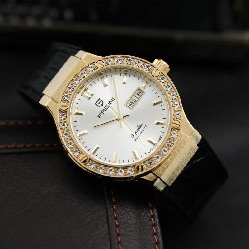 Đồng Hồ PAGGNI PA1852 cơ dây da, mặt tròn đính đá viền bezel khoá luxury