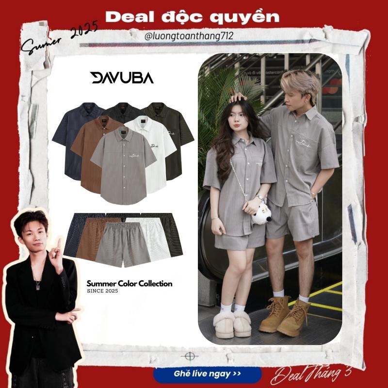 [DAVUBA x LTT] Bộ quần áo kẻ sọc cộc tay nam nữ logo thêu SM130