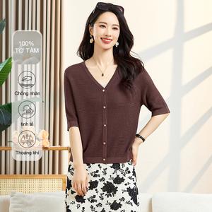 Áo thun nữ cổ chữ V dệt kim MuMeng [100% lụa tơ tằm], thiết kế thoáng khí, phù hợp cho mùa hè và phong cách casual. Mã sản phẩm: jacket women5073
