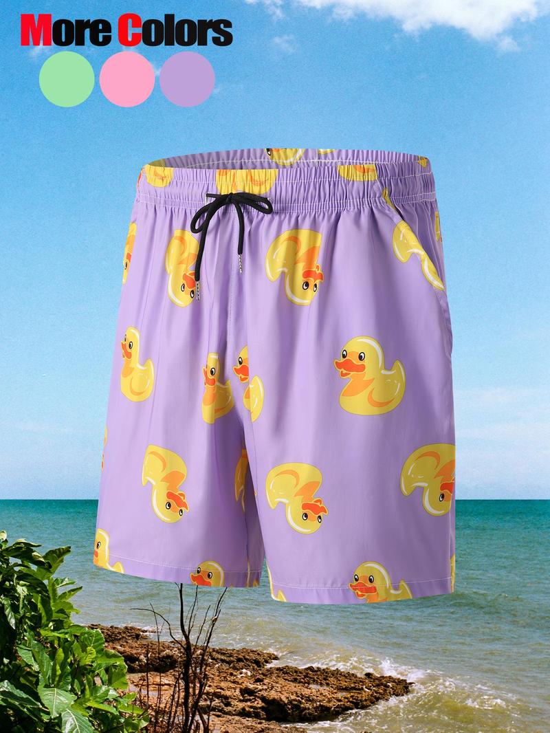 Product Introduction of Men's Cartoon Duck Print Beach Shorts, Casual Breathable Quick Drying Shorts for Summer, Men's Bottoms for Beach Vacation 4