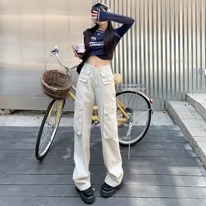 Celana Cargo Wanita Bahan Soft Jeans Premium - Celana Jeans  Cargo Highwaist Korean Style