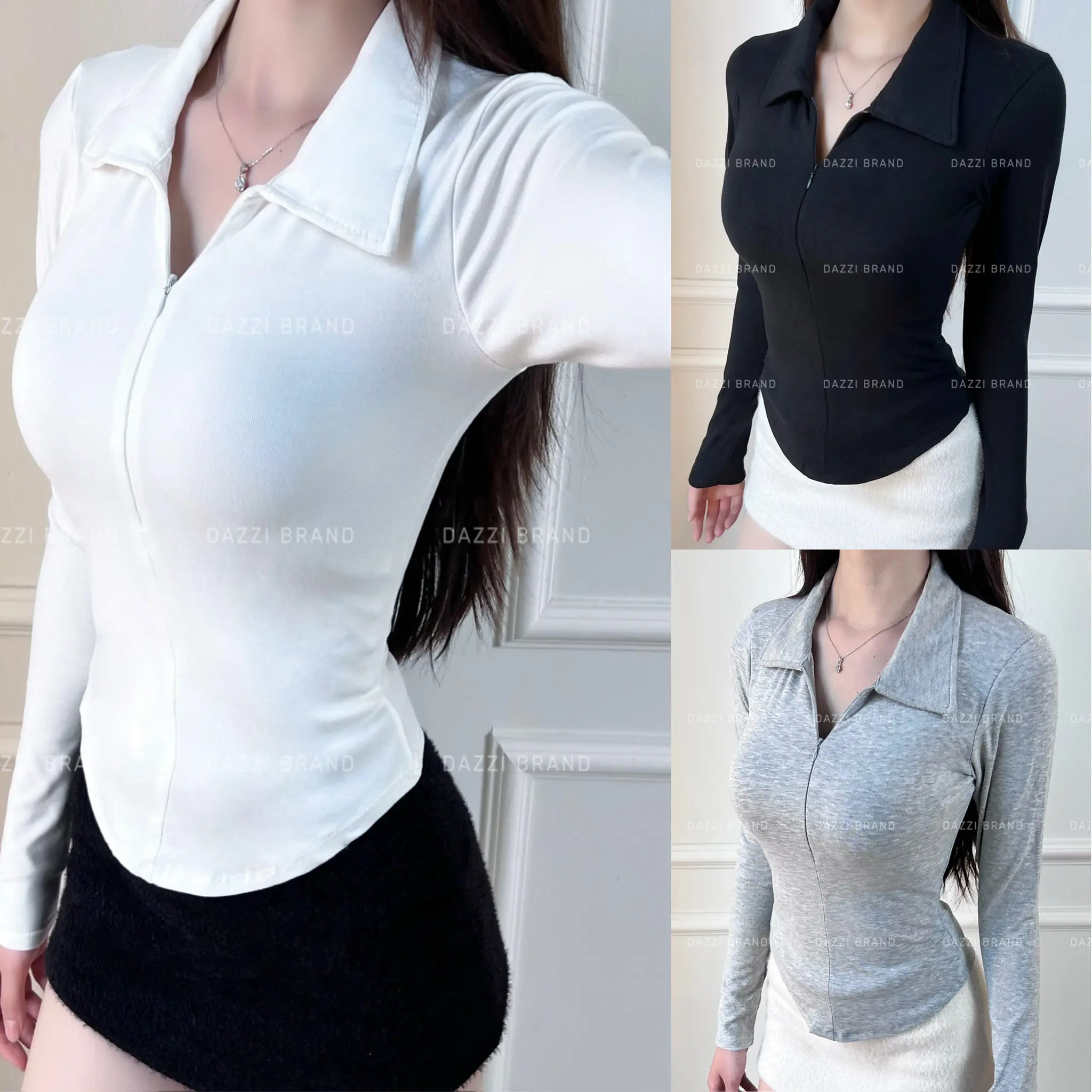 Áo thun nữ cổ bẻ tay dài phối dây kéo ôm dáng vạt bầu vải cotton mịn DAZZI Polo Women TD022 | BigBuy360 - bigbuy360.vn
