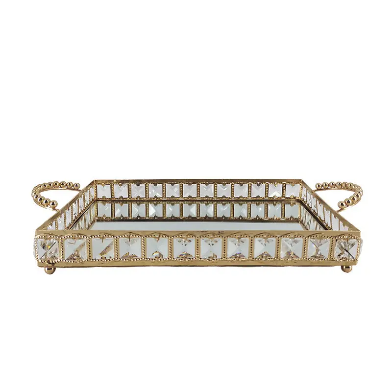 Nampan Kaca Kristal Gold Gagang Diamond Europe Gold Tray / Pajangan Nampan / Dekorasi Home Decoration Kitchenware 7
