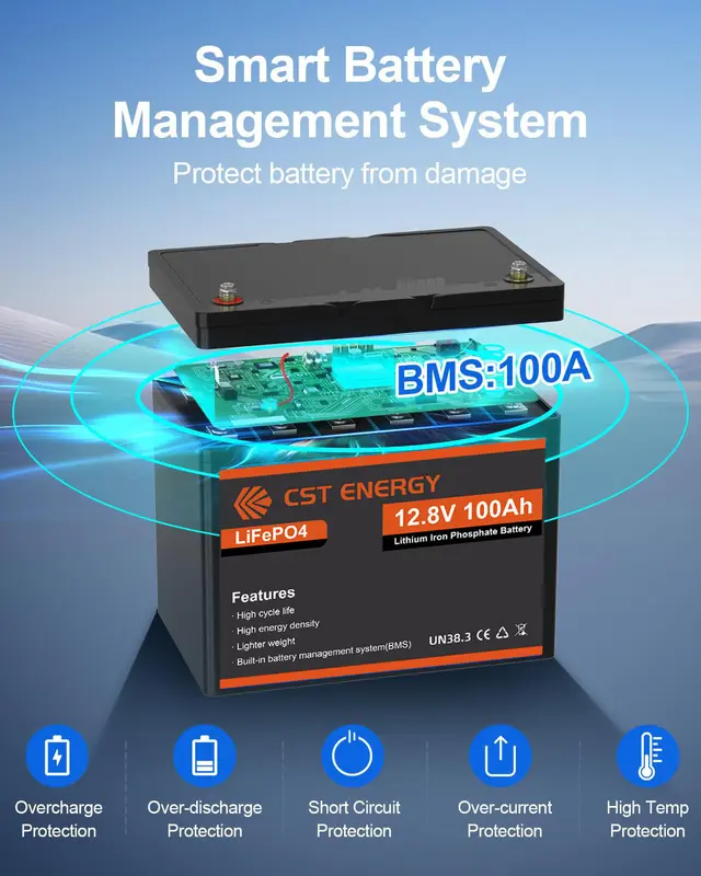 CST ENERGY Baterai Lithium LiFePO4 12V 100Ah Baterai Lithium Surya Isi Ulang Portabel BMS Cerdas Terintegrasi Grup Perlindungan Suhu Rendah 31 Baterai Siklus Dalam untuk Motor Trolling, RV, Surya, Kelautan, Berkemah, dan Aplikasi Off Grid 2