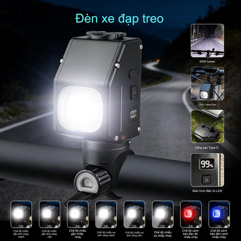  Đèn pha xe đạp nâng mới Công suất lớn xách tay dễ dàng tháo rời đèn xe đạp leo núi dưới khóa đèn cảnh báo đi xe ngoài trời type-c sạc điện hiển thị chân đèn 