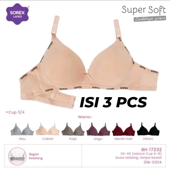 PAKET 3 PCS BH SOREX 17232 Size 34-40 | Busa Tanpa Kawat Kait 2 [ CUP A-B ]