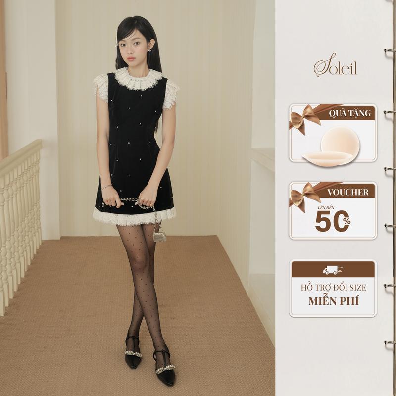  SOLEIL - Váy Đầm Cara Dress Thiết Kế Nữ Không Tay Dáng Ngắn Màu Nhung Đen Phối Ren VD21  LƯU Ý: GIẶT KHÔ  