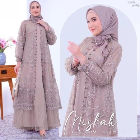 Gamis Pesta Premium Branded Miskah Set Dress BO Size M L XL XXL LD 100-120 CM Bahan Skirt Mix Tille Inner Tile Import Aplikasi Payet Baju Wanita Terbaru Viral  Warna Black Blue Dusty Dove Mocca Nude 1