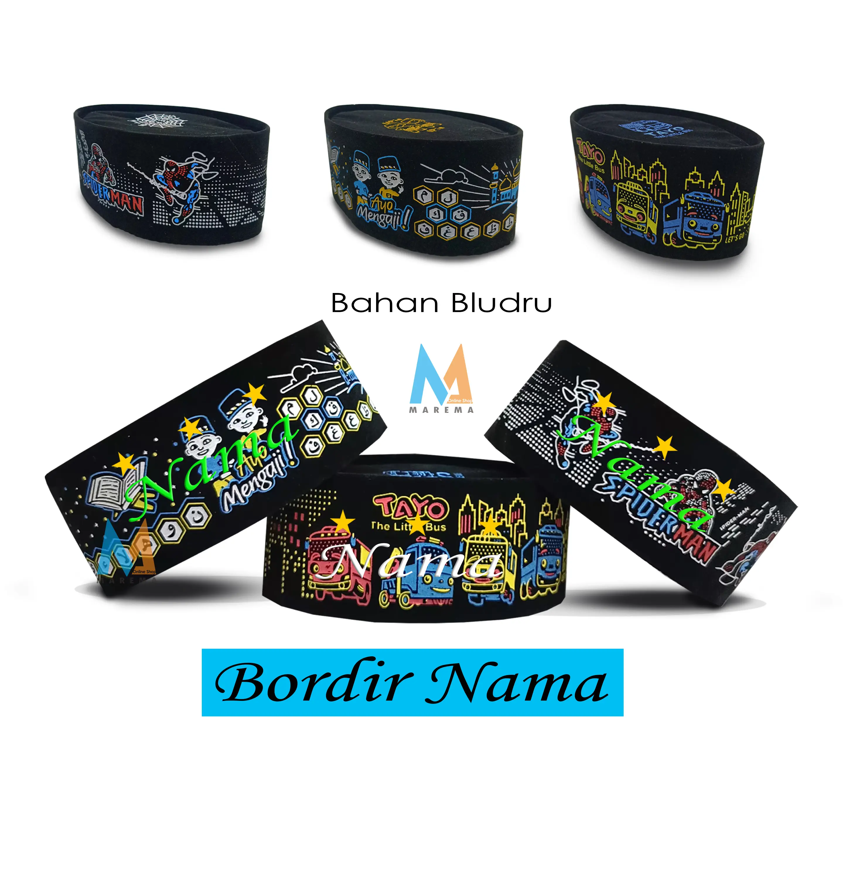 Peci Anak Upin-Ipin-Sepiderman-Tayo Bodri Nama Kopiah Anak Nama Pria Hitam Motif Songkok Muslim Bordir Hijau Nyaman Dewasa