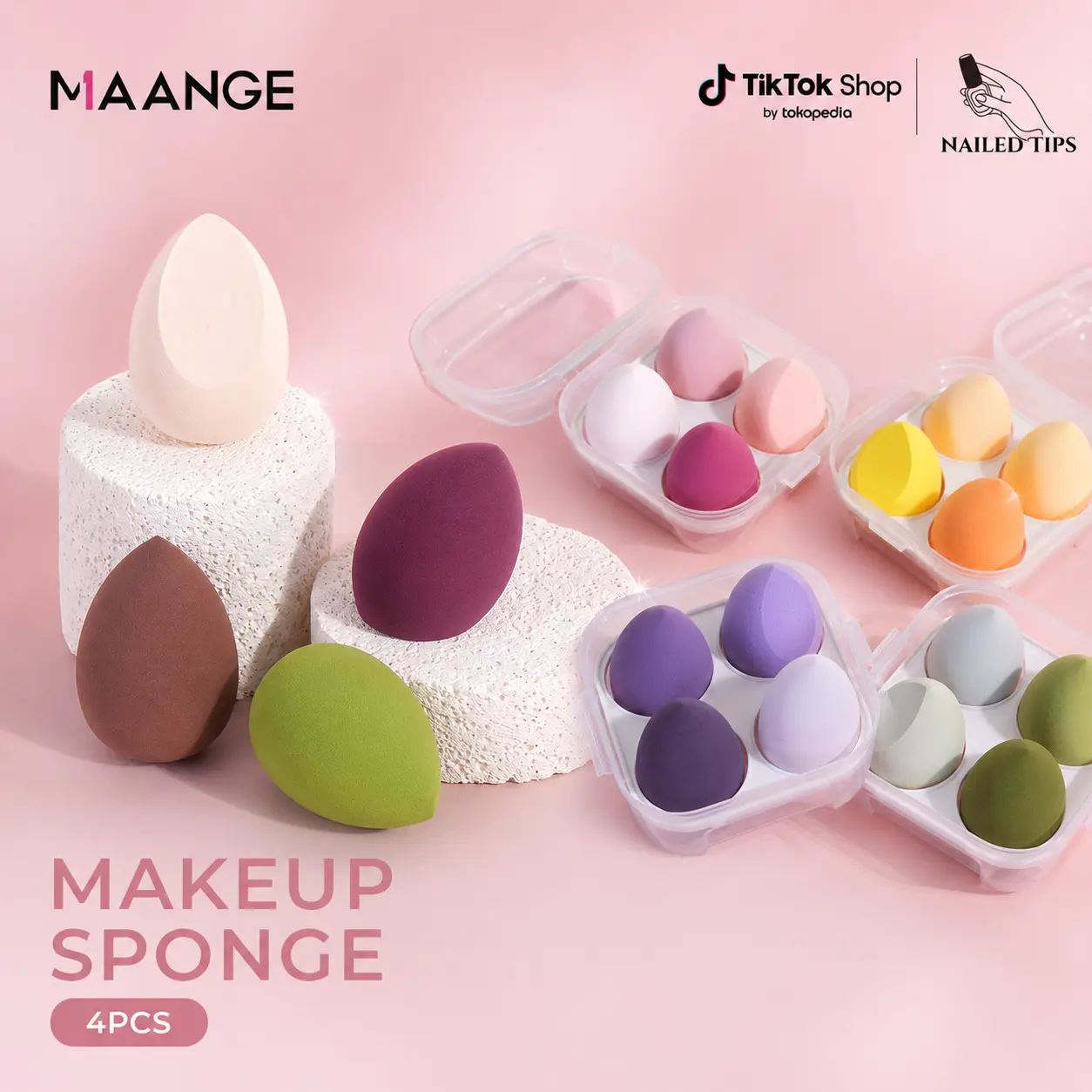 Sponge 4Pcs/Box – Spons Makeup Lembut Serbaguna untuk Penggunaan Kering & Basah | Cocok untuk BB Cream, Foundation, Air Cushion, Bedak Tabur & Padat (0486)