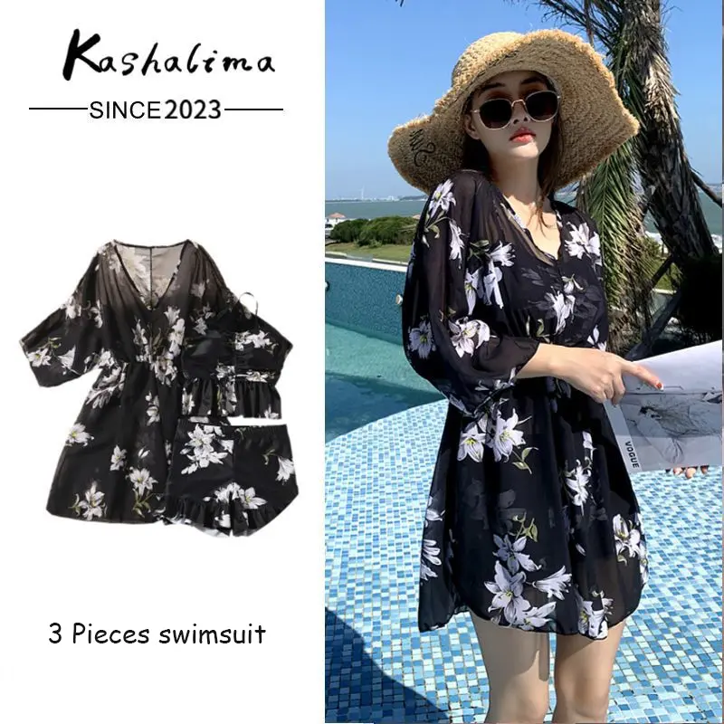 2023 Fashion 3-piece Women's Swimwear Summer Loose Print Sun Protection Overall Beach bikini set 490
