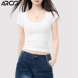 【ARCG】Kaos Putih Wanita Lengan Pendek Kerah Kotak Besar Slim Fit - Atasan Korea Style Premium Seksi yang Membuat Tampil Lebih Ramping, Cocok untuk Street Style & OOTD
