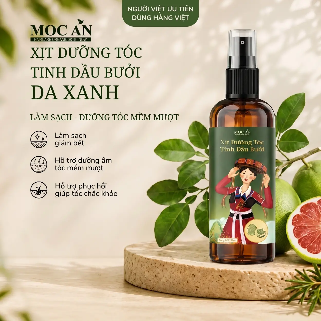 Xịt Dưỡng Tóc Tinh Dầu Bưởi Da Xanh Mộc Ân Haircare 120ml - Dưỡng Tóc Yếu, Dễ Gãy Rụng