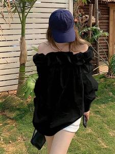 レディース向け「Blossom Neck」片肩デザイントップス、春用長袖ブラウス、細見えオフショルダートップス、ランダムパッチワークデザイン