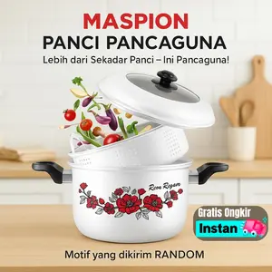 Maspion Panci Pancaguna 22, 26, 30 cm Tutup Kaca Aluminium Anodized Anti Lengket Multifungsi Untuk Kukus Rebus Tim Motif Random Handle Anti Panas Food Grade Kitchenware