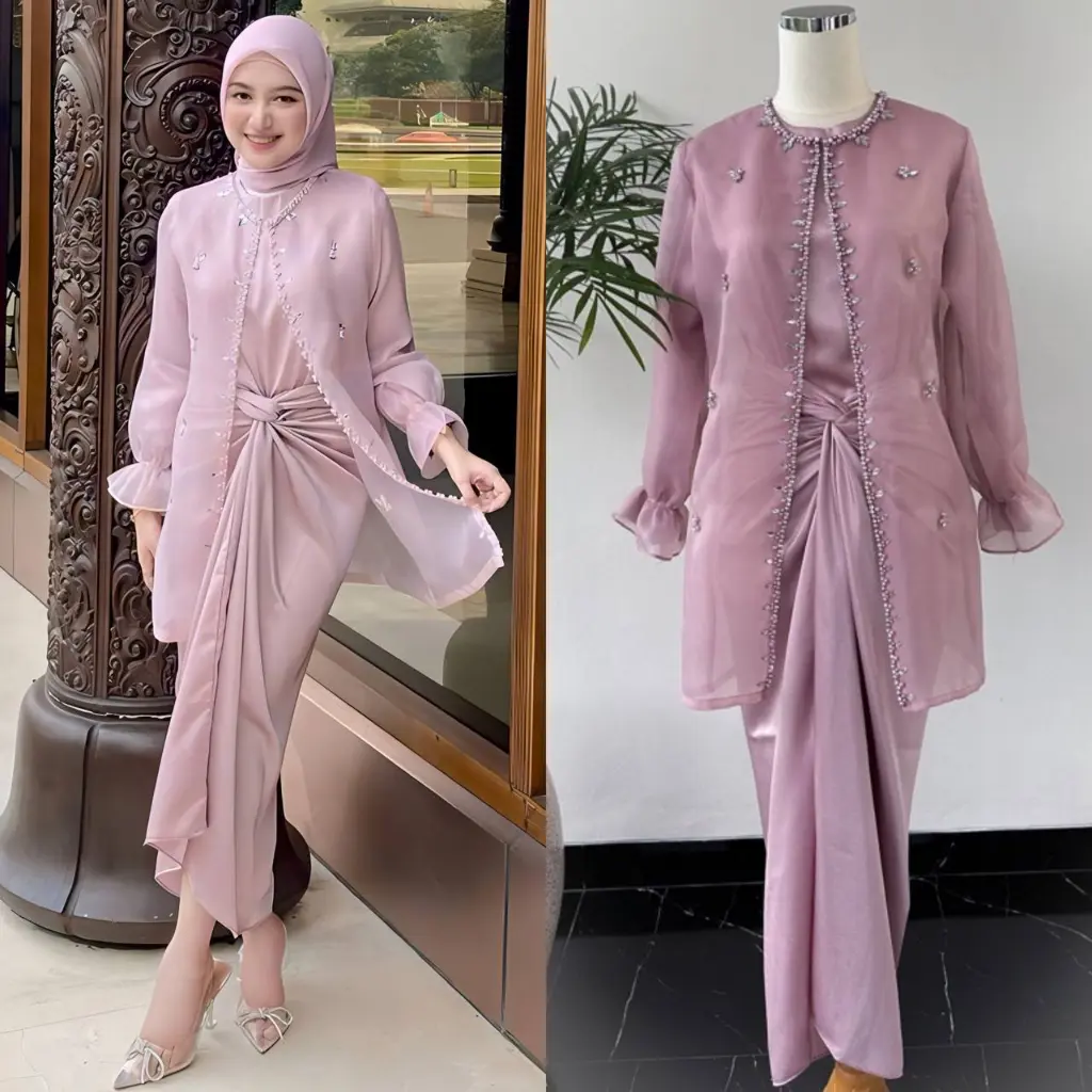 JEMMA Gamis Pesta Kondangan Setelan Pakaian Outer Organza Maxmara Mix Payet Mutiara Satin Silk Premium Maxi Dress Baju Dewasa Bridesmaid Seragam Wanita Muslim Mewah Remaja Lebaran Syari