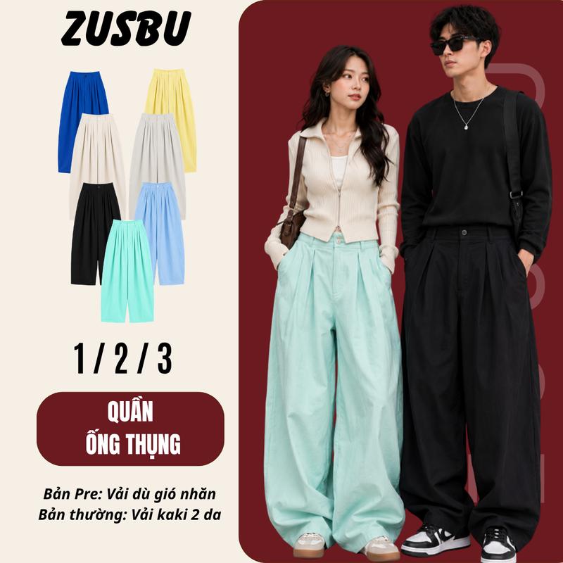 Zusbu - Quần Ống Thụng Unisex Q08 Form Rộng Xếp Ly, Kaki 2 Da & Gió Nhăn, Nam Nữ Đi Học Đi Làm