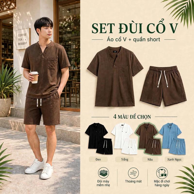 Set Đũi Cao Câp Ao Sơ Mi Cộc Tay & Quần Short Mêm Min Thấm Hút Mô Hôi Phù Hợp Đi Biển Mùa Hè