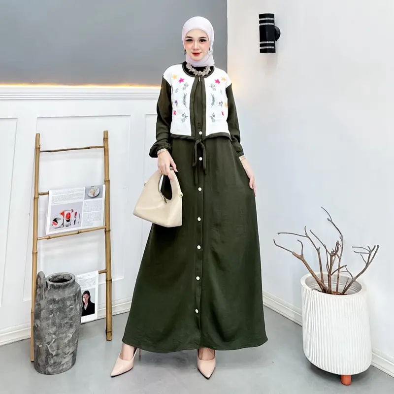 Gamis Rompi Bordir Wanita Terbaru Gamis Crinkle Airflow Pakaian Muslim Mewah 2
