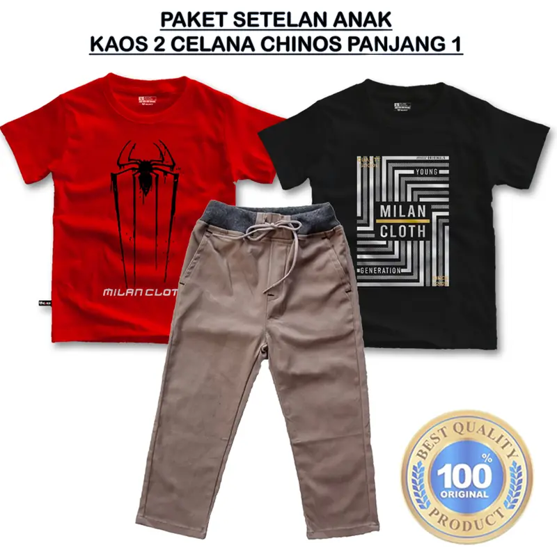 Paket setelan anak laki laki 2 kaos 1 celana Chino panjang usia 3,5-14 tahun bahan premium Kids 8