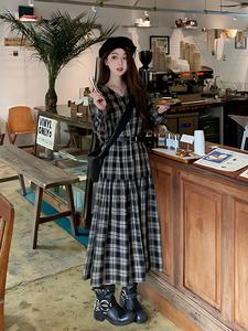エレガントなチェック柄長袖Vネックドレス、春秋用女性用Aラインミディスカート、日常使いにぴったりのカジュアルファッション（HZZ）