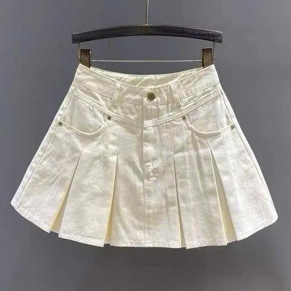 TIENSTYLE - Chân Váy Jean Xòe Xếp Ly Có Lót Quần Phom Ngắn Chất Jean Không Giãn - Nữ - Women Chân váy Jean Nữ Bigsize Chuppy Màu Trắng Đen Xanh Dài 32-35cm Cạp Cao Trẻ Trung Cho Mùa Hè