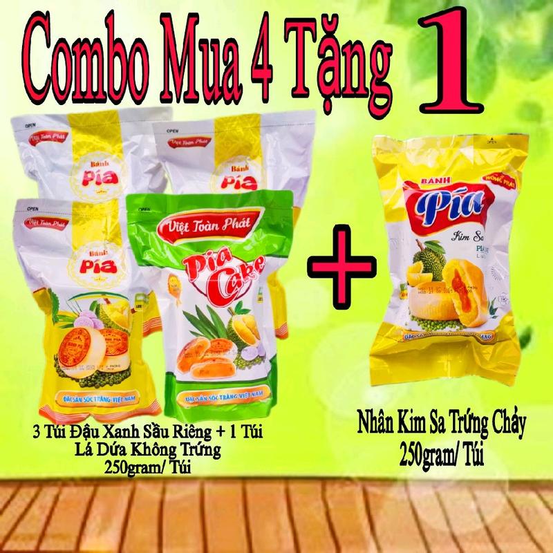 [ COMBO MUA 4 TẶNG 1 ] 3 Túi Bánh Pía Nhân Đậu Xanh Sầu Riêng Không Trứng Và 1 Túi Sầu Riêng Lá Dứa Không Trứng + Tặng Thêm 1 Túi Bánh Pía Kim Sa Trứng Chảy ( 250gr/ Túi )- Thơm Ngon Ăn Vặt Food