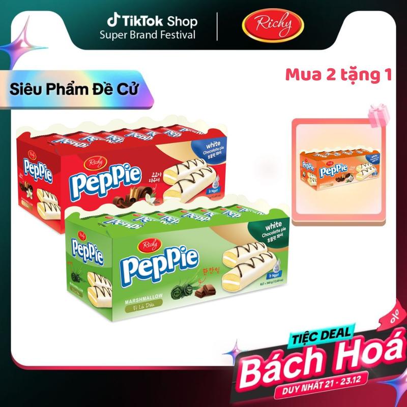 MUA 2 TẶNG 1 Bánh Peppie Khay 360g 3 Vị Vani Sữa Dừa Lá Dứa Snack Socola Food Thức Ăn Hình Chữ Nhật Mềm Mịn Marshmallow Dai Mềm Béo Ngậy Lớp Phủ Socola Đen Trắng Ngọt Ngào Tiện Dụng quy creamo