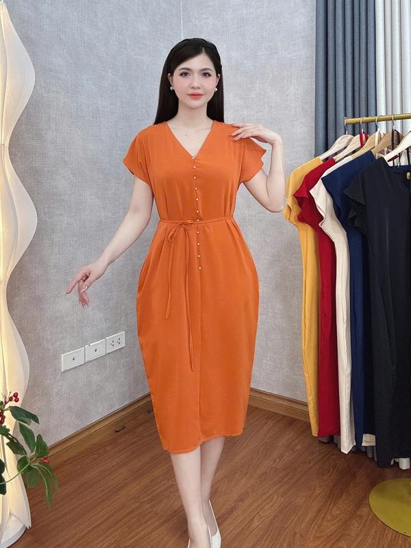  Đầm Suông Trung Niên Lụa Mango Đính Ngọc Trai Size 47Kg-75Kg   Có Túi Khóa Giọt Nước  
