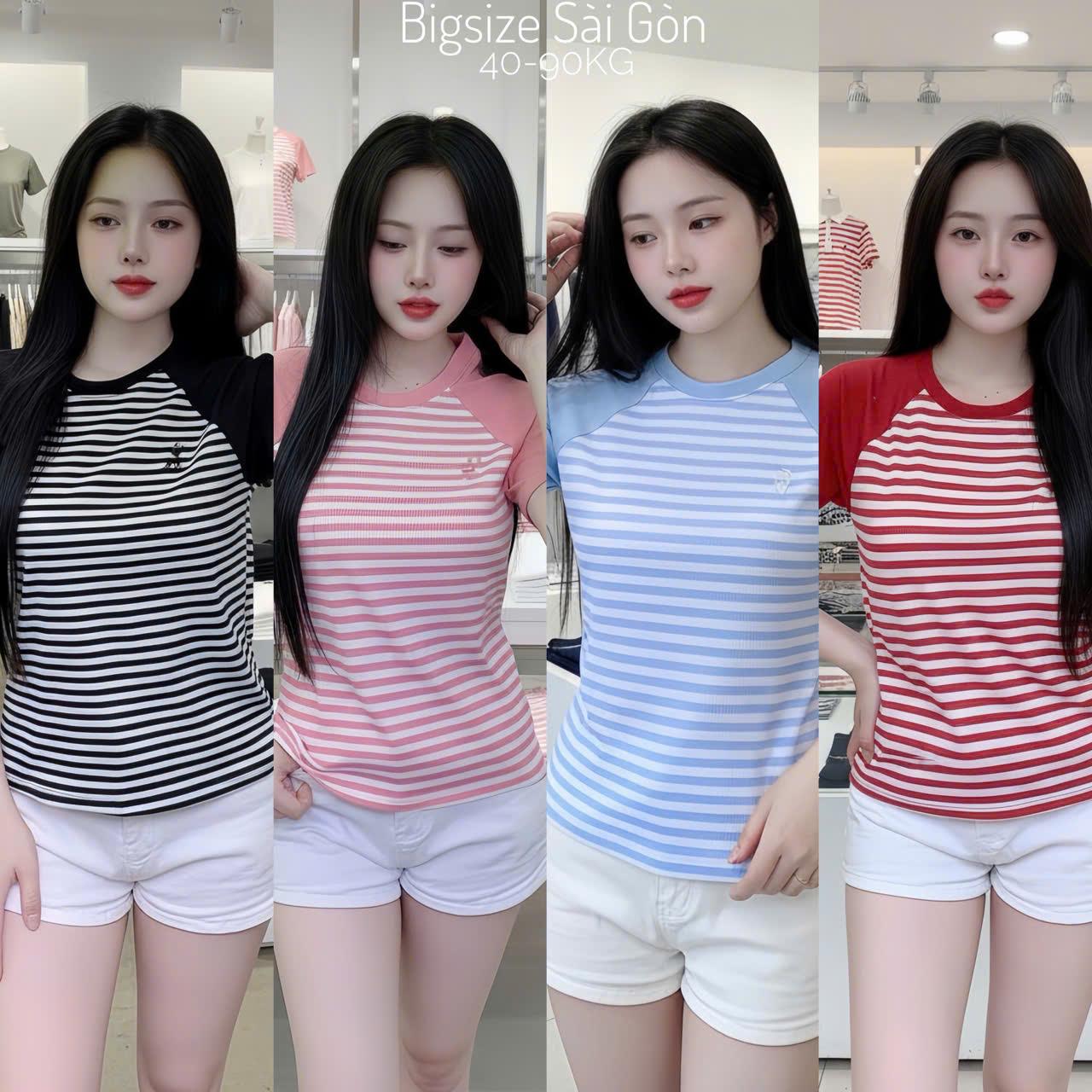 Áo Thun Nữ Cổ Tròn Phối Sọc Thêu Hình Vải Thun Gân Tăm Thanh Lịch Bigsize Cho Nàng 45-90Kg Dễ Thương Top Women - B.1651