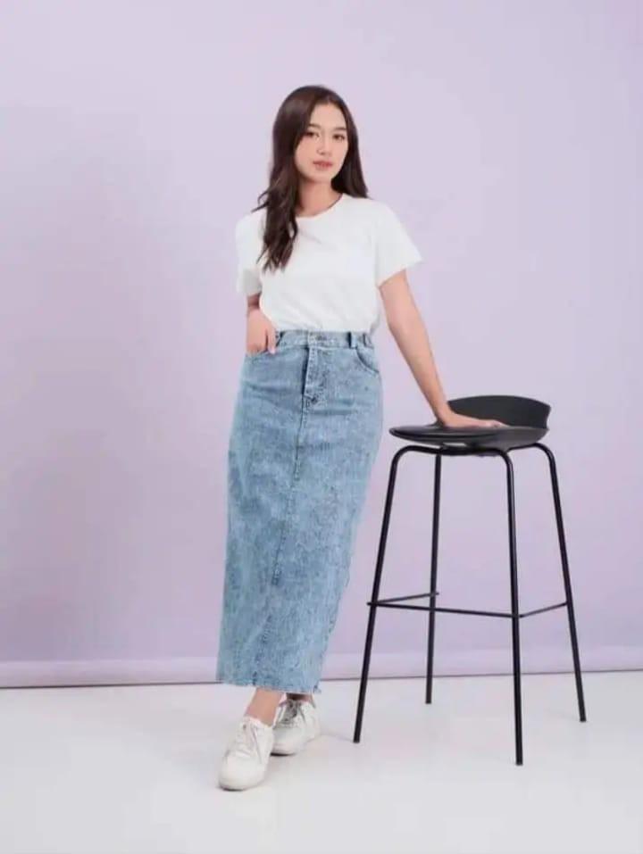 Theana Rok Jeans Skirt Panjang Wanita Dewasa Belah Belakang Bawahan