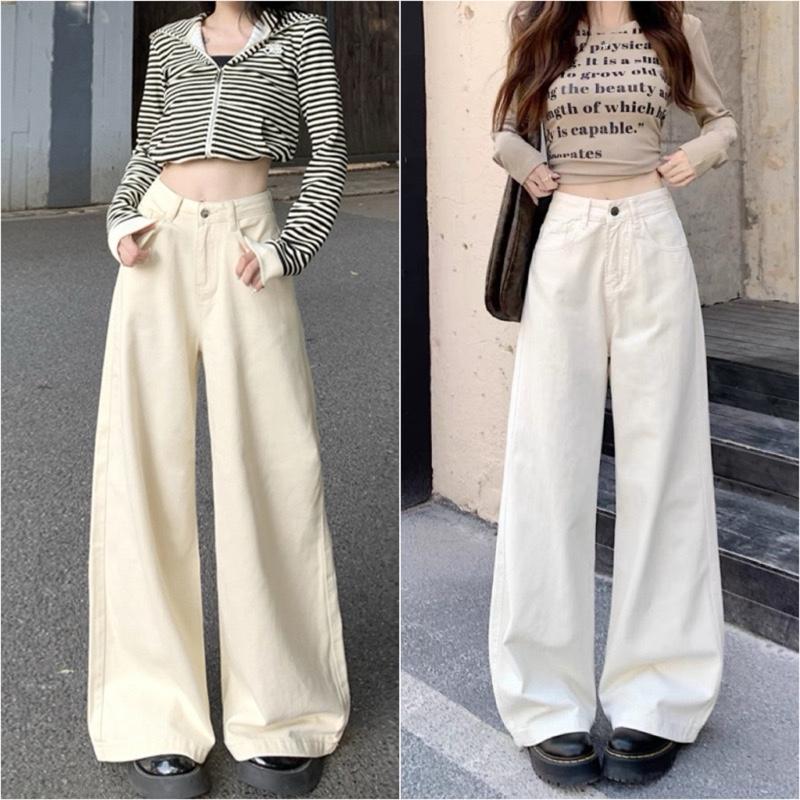 ( Mở bán ) Quần Jeans Ống Rộng Trơn Màu Trắng/Be Thiết Kế Trẻ Trung Năng Động Lên Dáng Siêu Xinh Cho Nữ