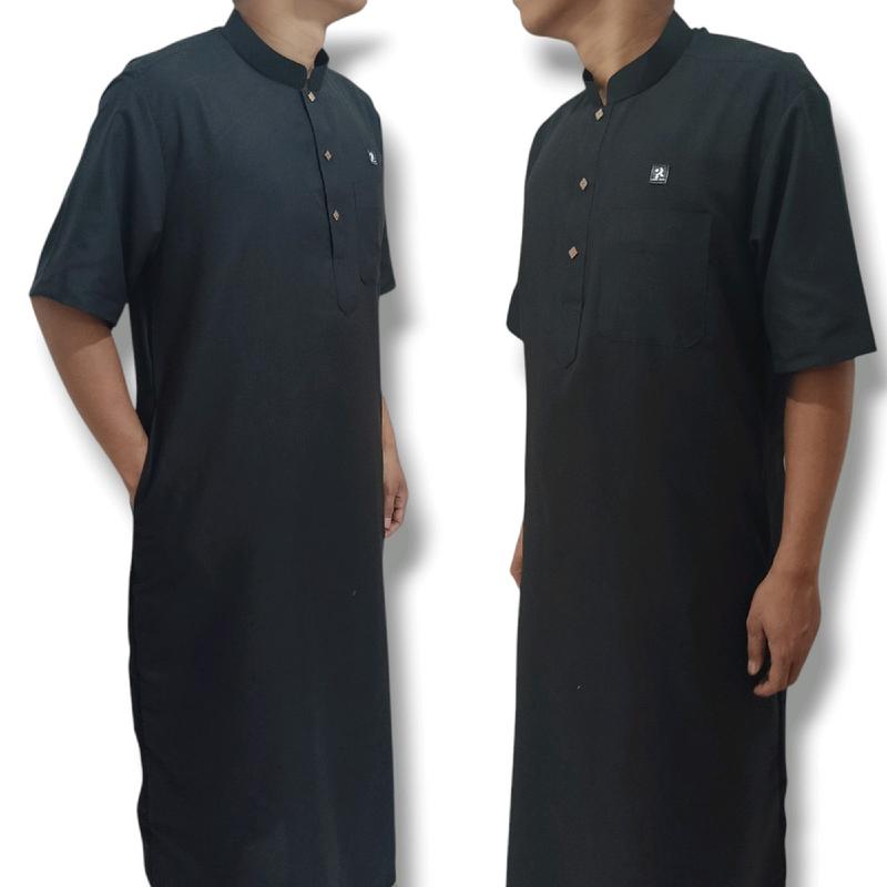 Jubah Afsheen Kancing Lengan Pendek  Muslim Dewasa Pria Hitam Abu 5
