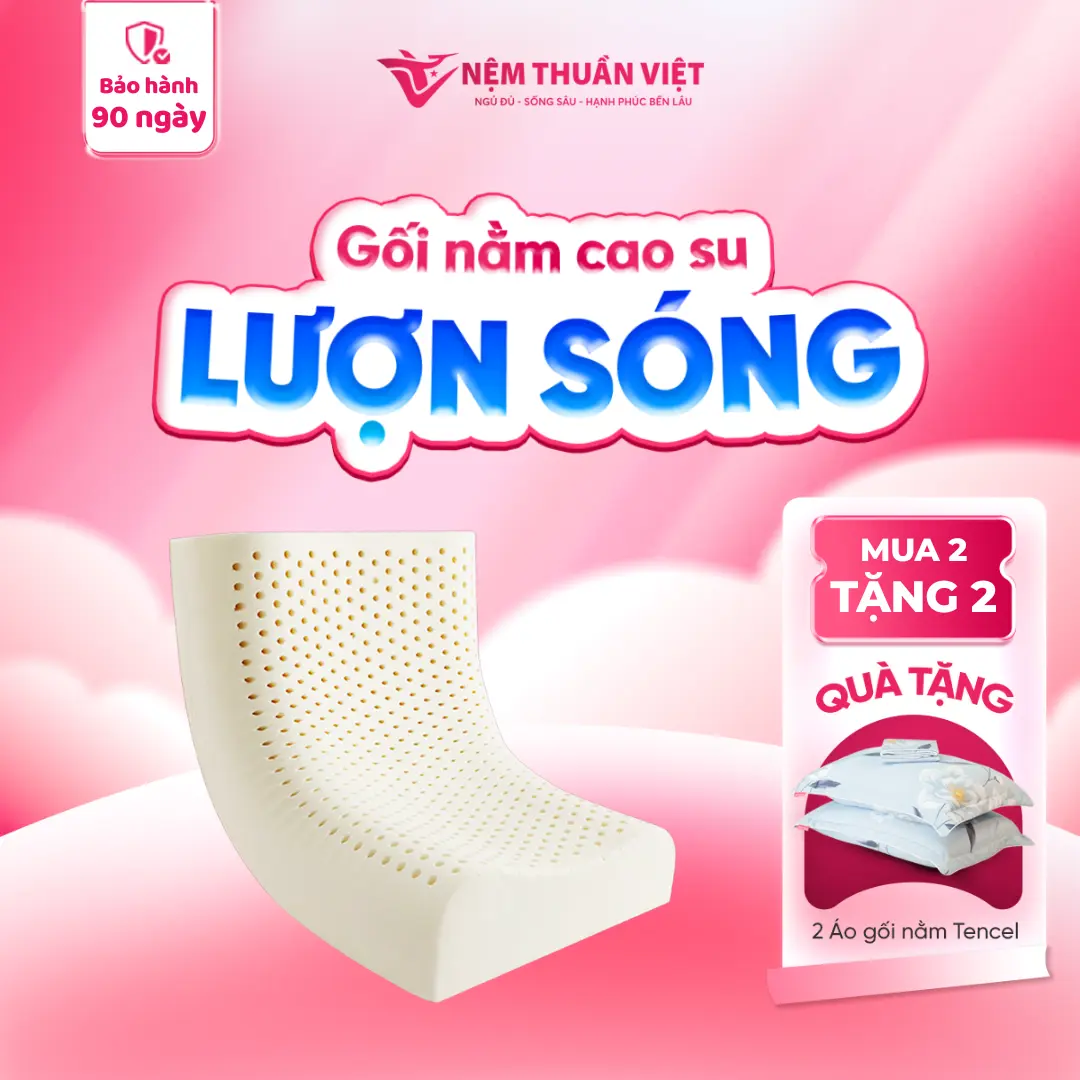[Combo 2 Gối Tặng 2 Áo Gối] Gối Nằm Cao Su Thuần Việt - Thiết Kế Lượn Sóng, Êm Ái, Giảm Đau Gáy Cổ