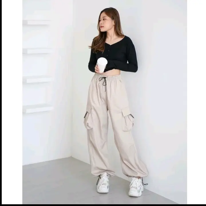 Celana cargo pant serut kulot highwaist wanita kekinian terbaru casual kain katun Panjang