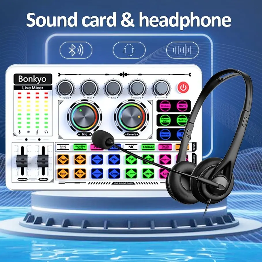 Bonkyo F999 Live Sound Card & SY-440 Headphone Periferal Komputer Audio Karaoke langsung HP PC Mac dengan Efek Khusus Equalizer Mikrofon Omnidirectional Suara Surround 3D untuk Streaming YouTube Alat Kartu untuk Laptop dan Smartphone - Soundcard Logam