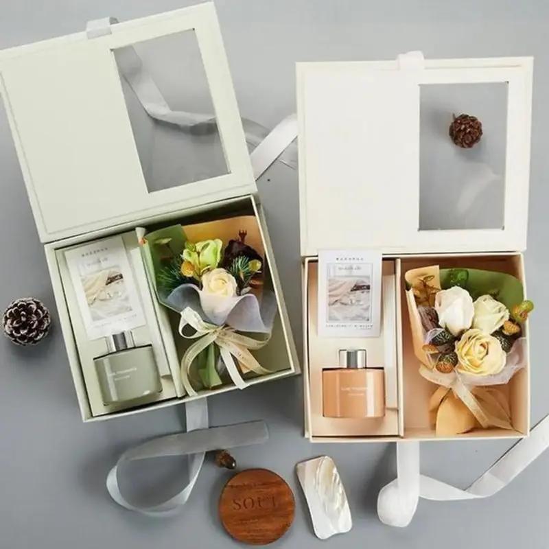 Set Hộp Quà Tặng Tinh Dầu Nước Hoa Khuếch Tán Kèm Bó Hoa Sang Trọng, Trang Nhã Quà Tặng Đồ trang trí Dầu Thơm Phòng