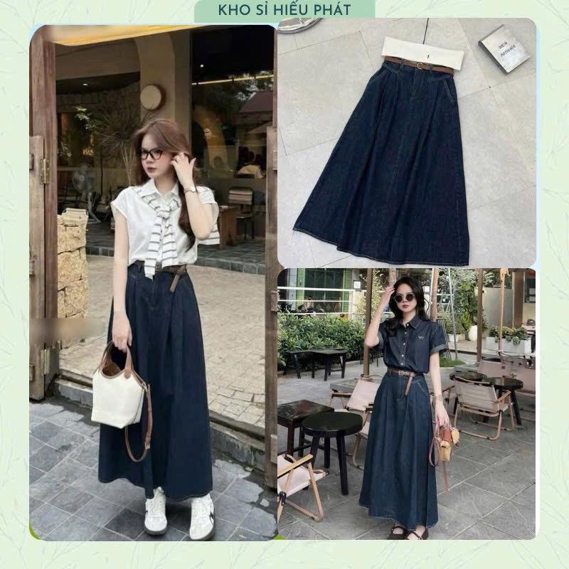 ( Mở Bán - Tặng Đai Da) Chân Váy Jean Xoè Ly Túi Xanh Đậm Dễ Phối Đồ Cho Nữ - by Hp