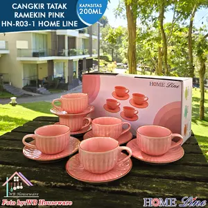 HOME LINE cangkir set 6 pasang ramekin pink lis cokelat keramik 200ml / coffee tea set cup and saucer motif labu HN-R03-1