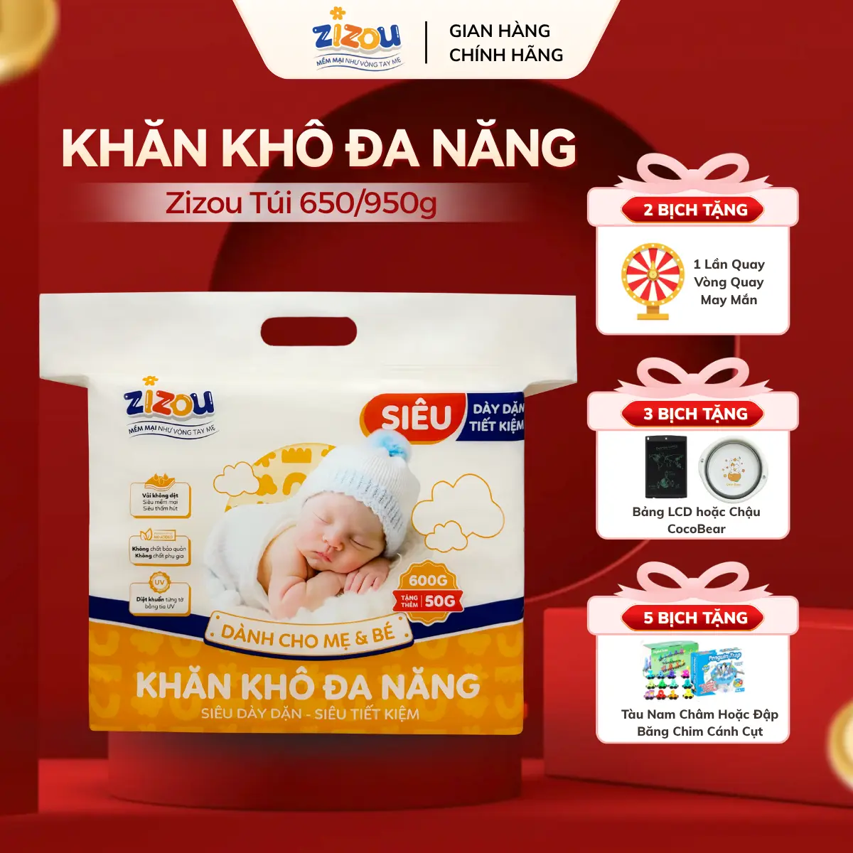 Khăn khô đa năng Zizou vải không dệt cao cấp, an toàn cho bé và mẹ, 900gr+50gr/600gr+50gr Voi