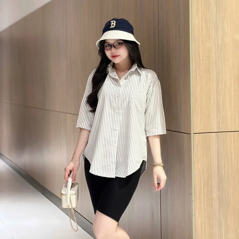 Bộ sơ mi phom rộng quần ngố hàng Freesize 45-70kg Nữ Women Voi Top Shirt Nhung 8