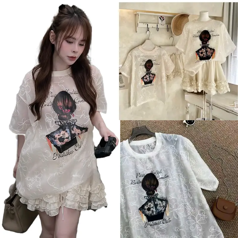 [Sửa Mẫu_Chân Váy Đồng Màu_ Tặng Áo 2 Dây]Set Váy Áo Ren Thêu Hoa Mỏng Mềm In Cô Gái Mix Chân Váy Nhún Chất Tơ Có Lót Trong Phong Cách Dễ Thương Top BY TH Store 0