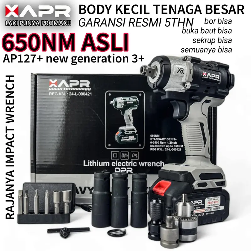 BOR IMPACT WRENCH AP127+ 650NM APR JAPAN GARANSI RESMI 3THN model DeWalt mesin pembuka buat roda cvt 0