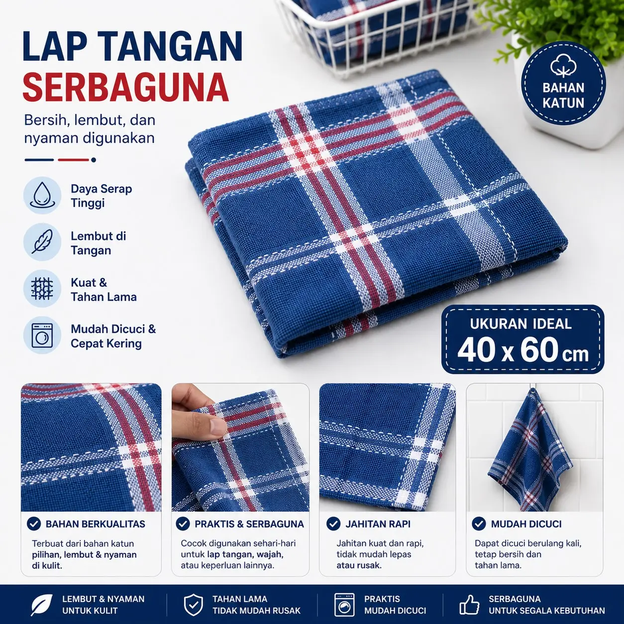 Lap Tangan Serbaguna Bahan Katun Premium Motif Kotak Garis Elegan Lap Tangan Gantung Ukuran 40x60